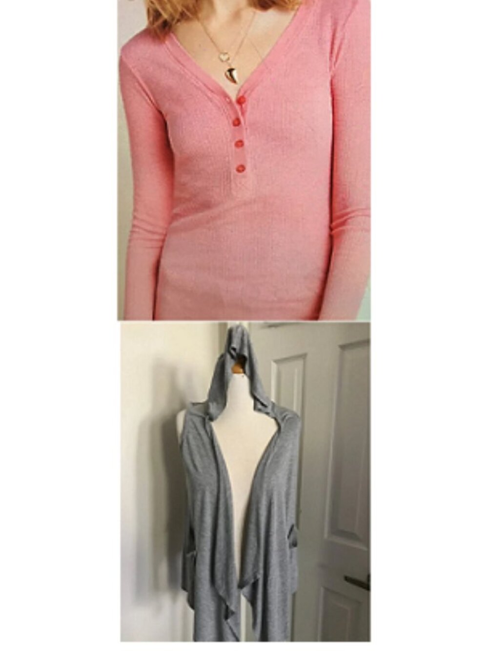Woman GapBody Henley Pink top button-front & Banana Republic soft grey Cardigan
